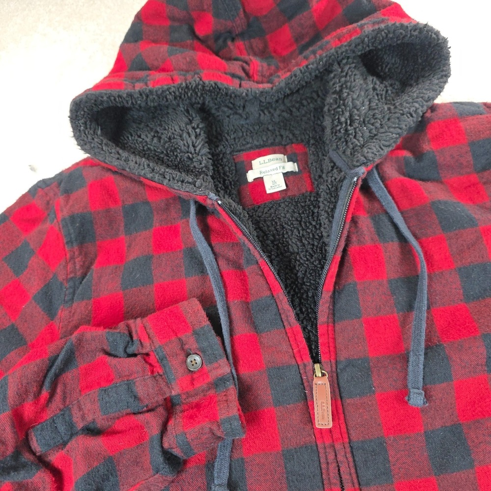 L.L. Bean Jacket Mens XL Red Black Plaid Soft Sherpa Full-Zip Hooded Relaxed Fit